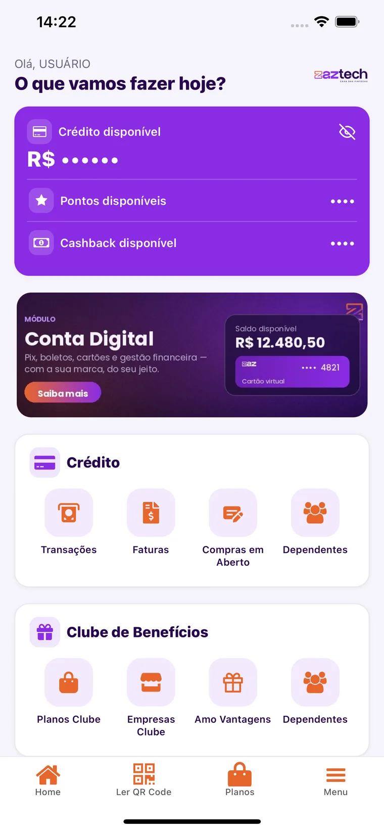 Home do novo app white-label da Zaztech