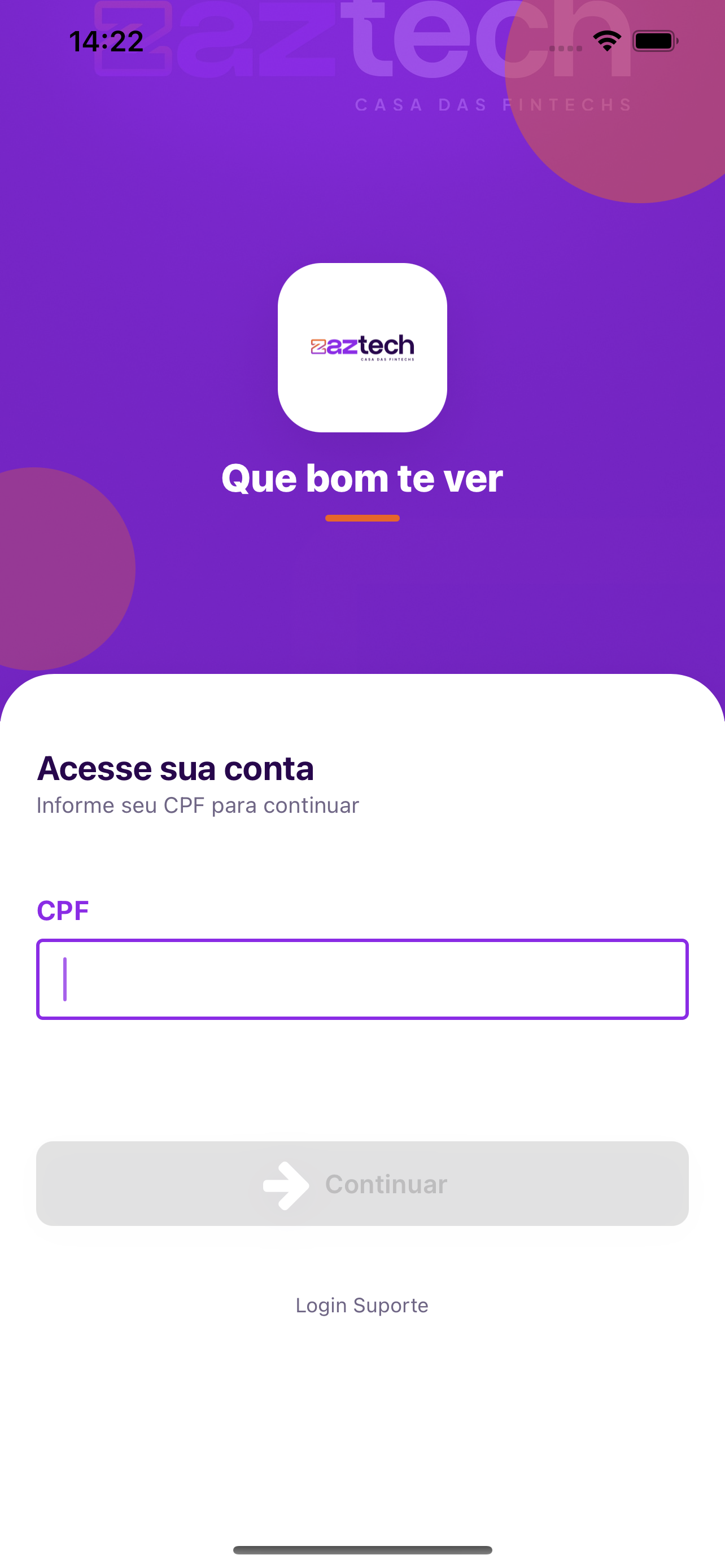 Tela de Login do novo app da Zaztech (em lançamento)