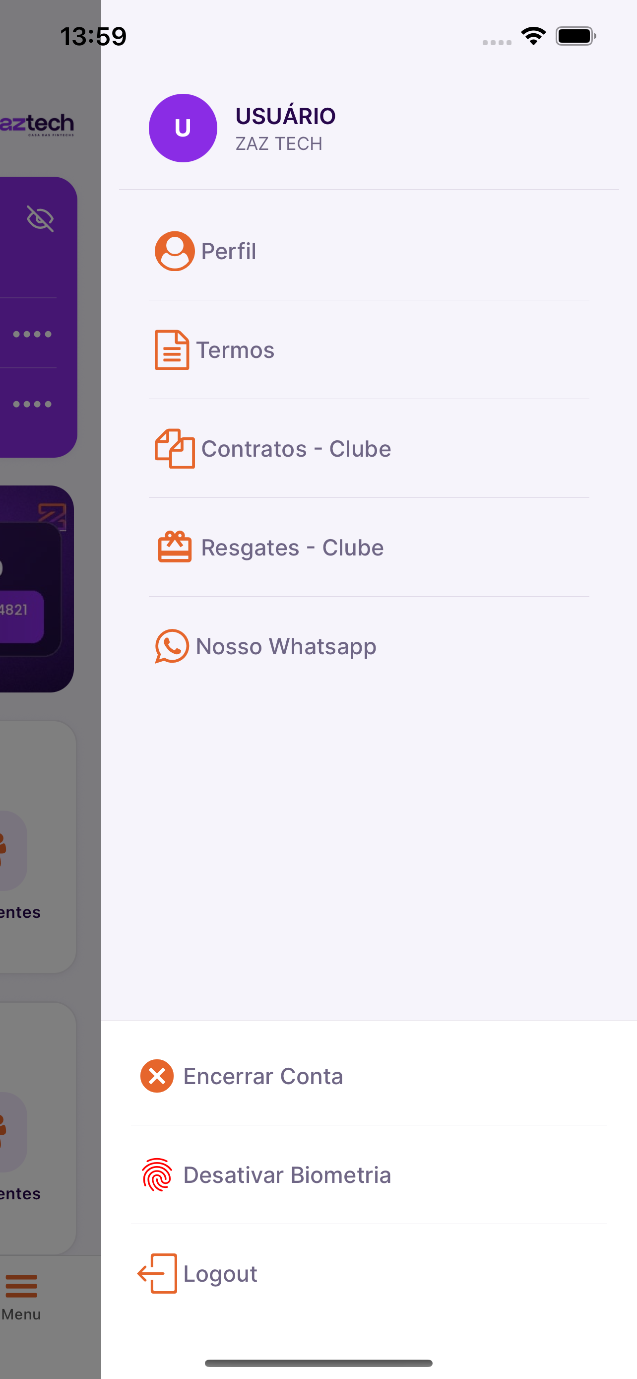 Tela de Menu do novo app da Zaztech (em lançamento)