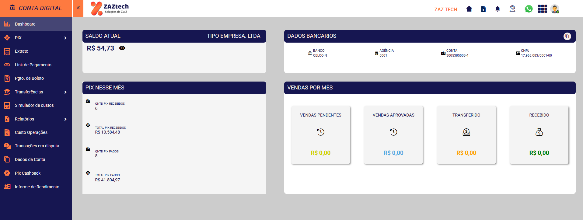 Portal atual de Banking da Zaztech